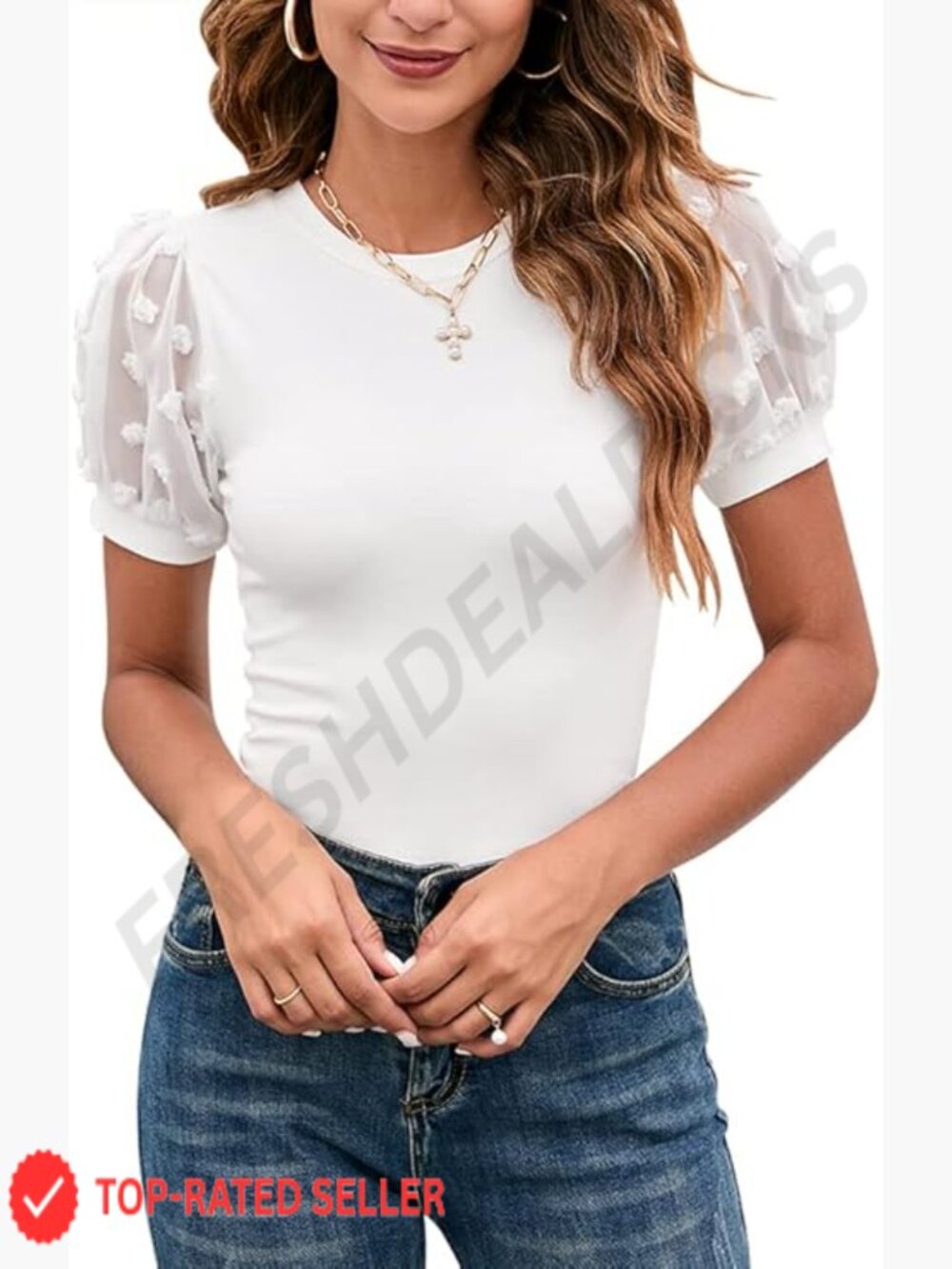 Swiss Dot Mesh Puff Sleeve Bodysuit Ribbed Knit Slimming Elegant Chic
